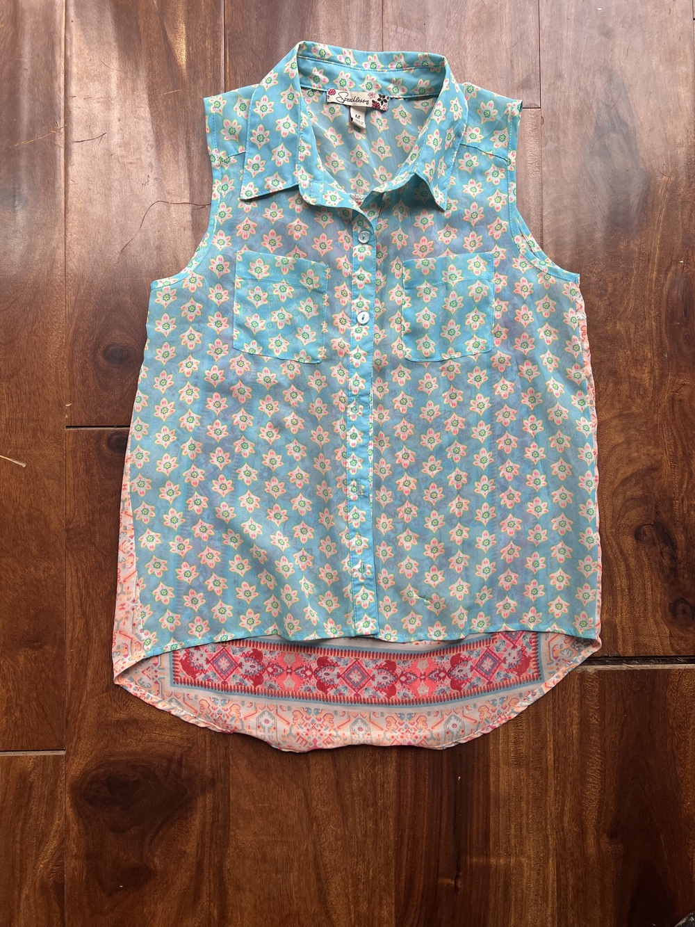 Speechless Aqua Floral Sleeveless Button-Front Blouse